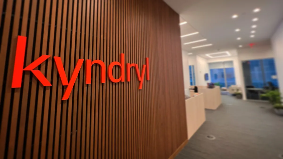 The Kyndryl logo pictured inside the IT infrastructure services provider's headquarters in New York.