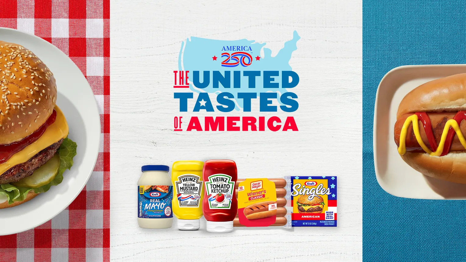 A hot dog and hamburger are placed next to a graphic of Kraft Heinz's products.