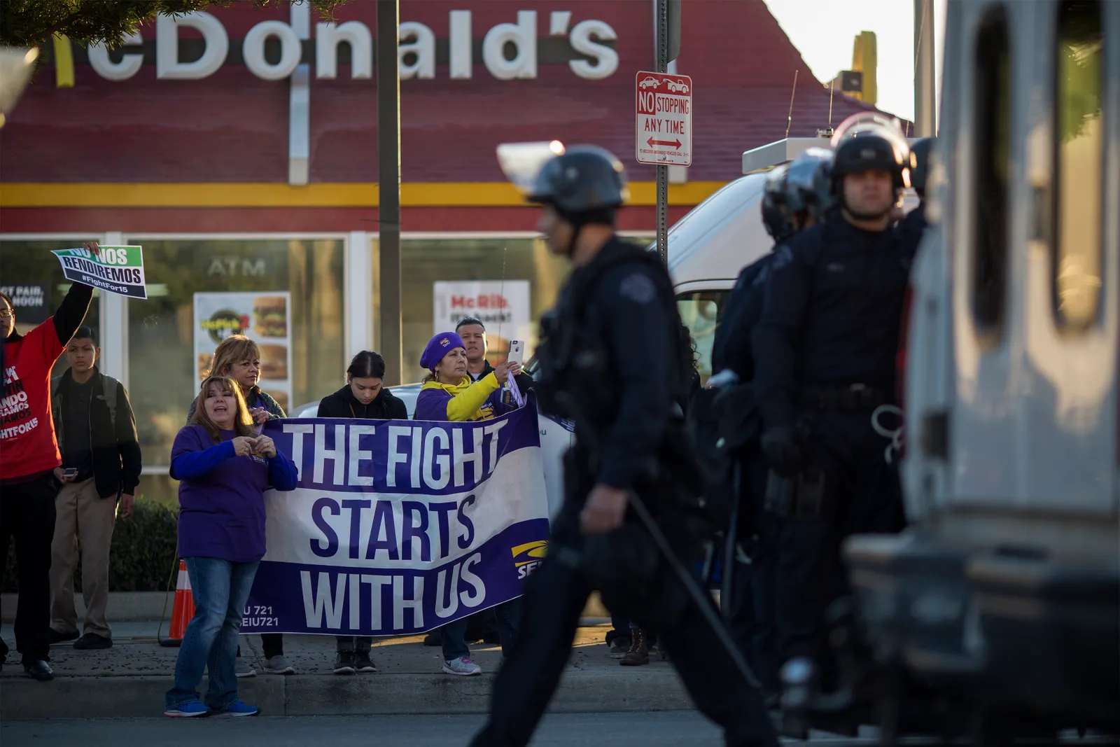 Workers demonstrate outside a Los Angeles McDonald's as part of Fight for $15's November 2016 day of action.