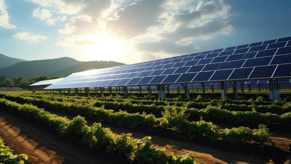 Farmland enhanced with agrivoltaics, where solar panels are intelligently integrated to provide both renewable energy generation and shade for crops.