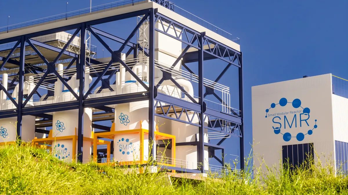 3D rendering of a small modular nuclear reactor power plant on a sunny day.