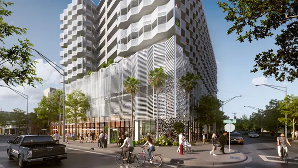 Rendering of a modern silver building in Miami.