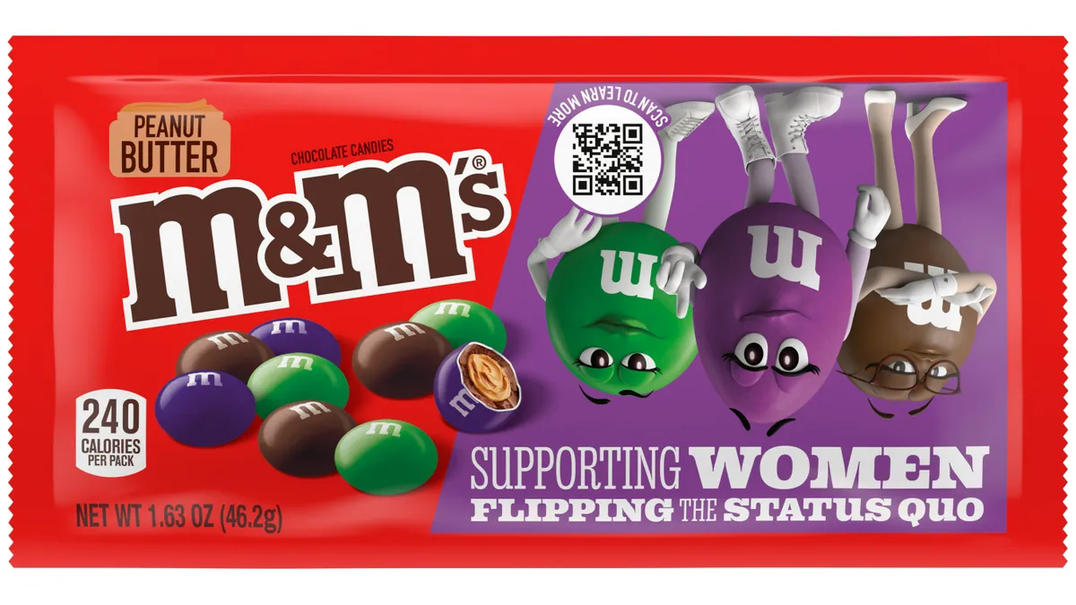 A package of peanut butter M&M's features the brand's three female mascots flipped upside down.