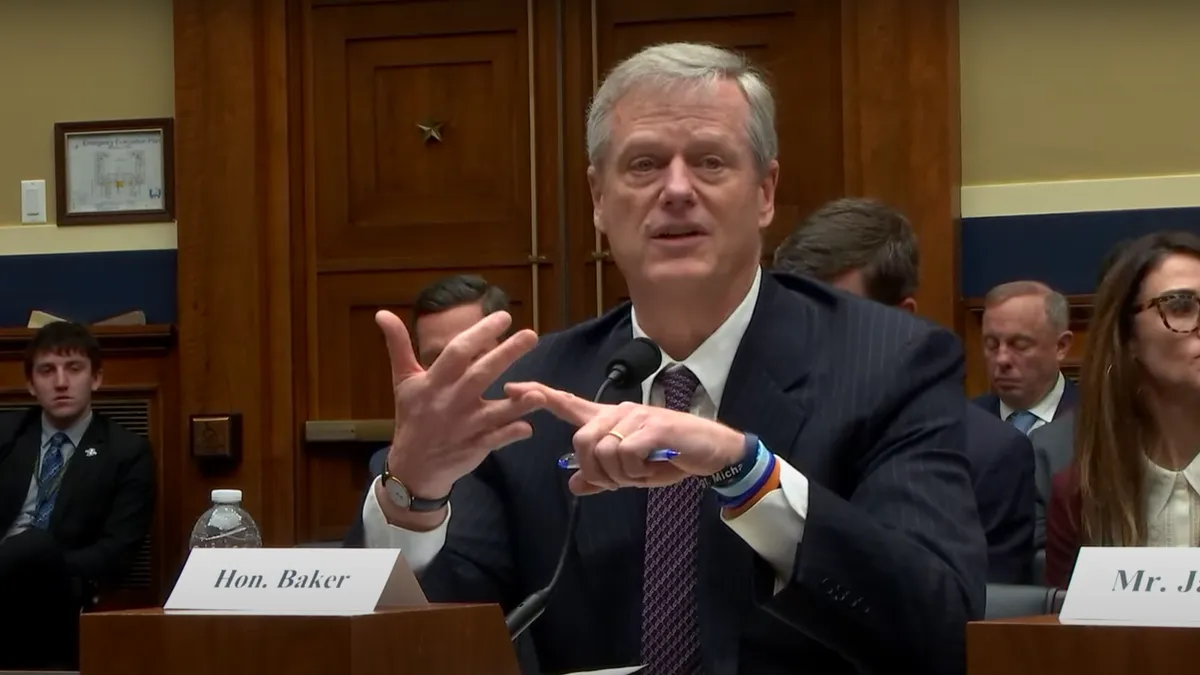 NCAA President Charlie Baker testifies to Congress.