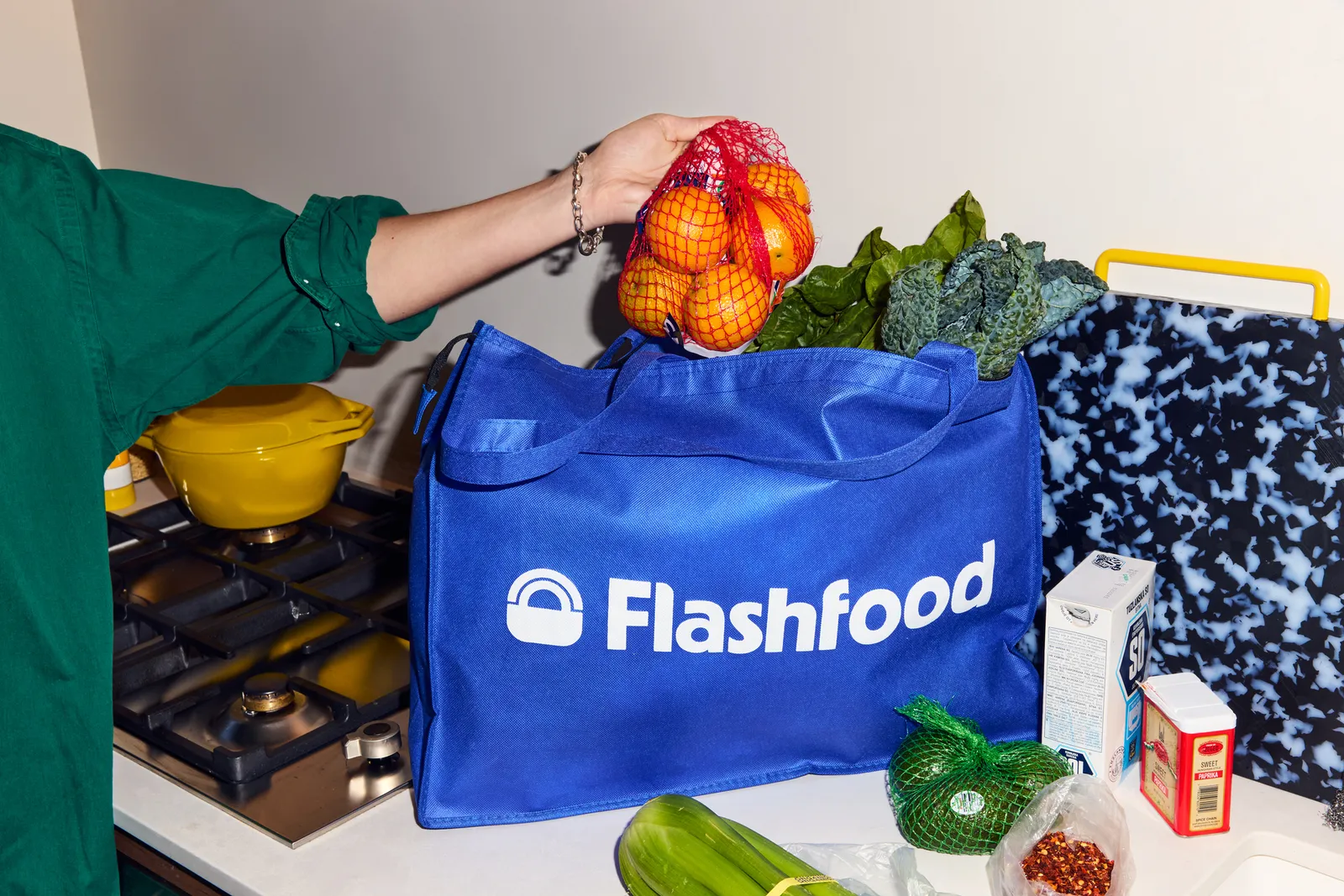 Filled Flashfood reusable grocery bag