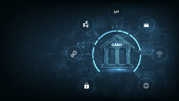 An illustration of the front of a bank connected to different icons representing digital services.