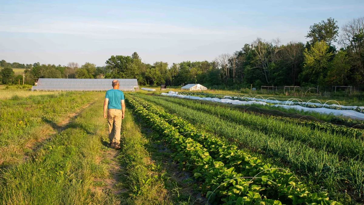 A farmer with his back to the camera is seen standing in a field