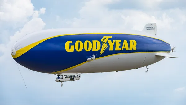 The Goodyear Blimp flying.