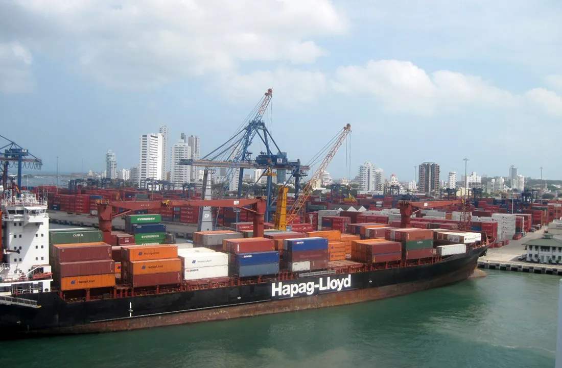 A Hapag Lloyd container ship in Cartagena, Colombia.