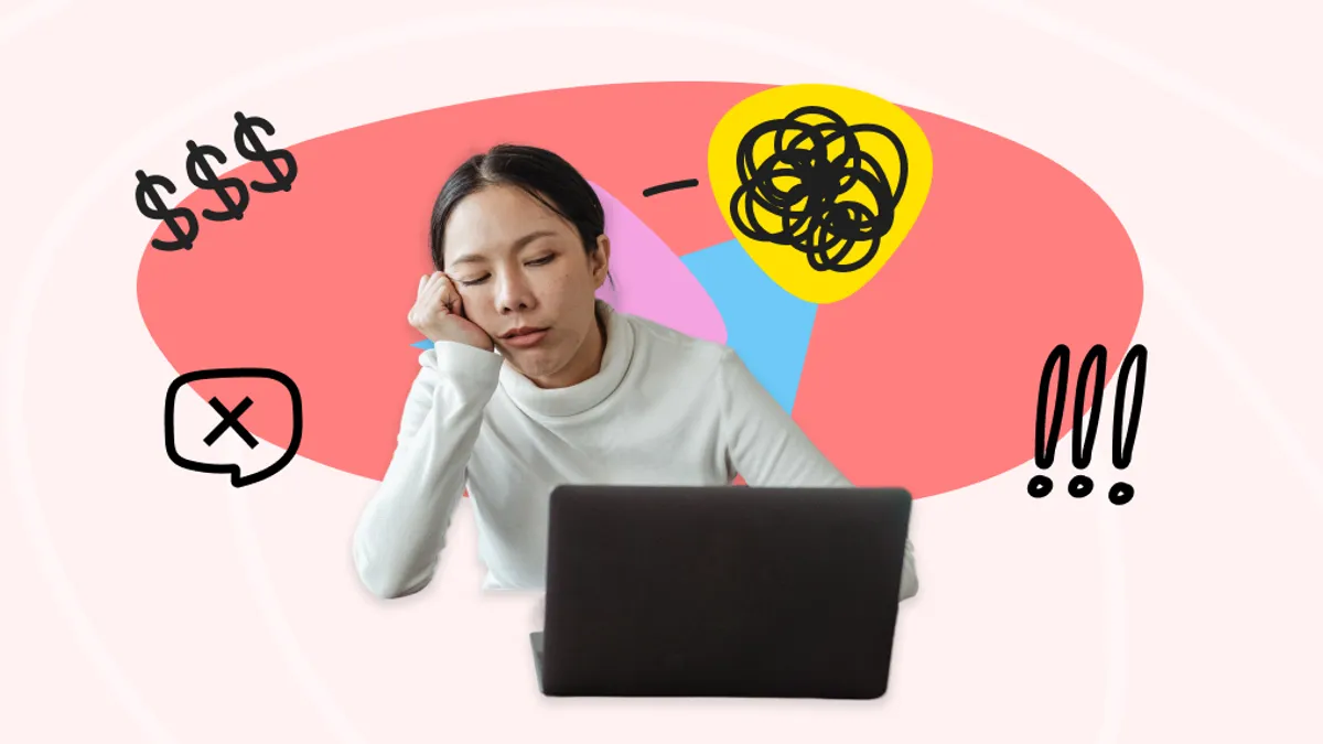 A person looking bored and tired on a laptop with illustrations in the background including dollar signs and exclamation points.