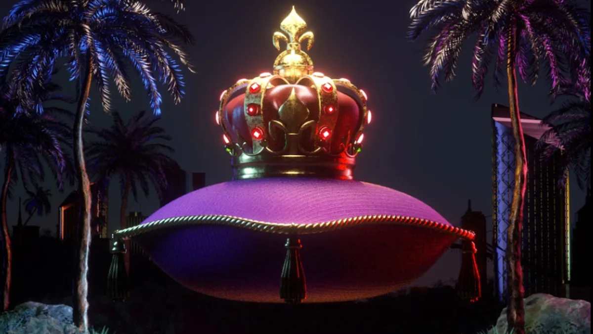 A gold crown sits on a levitating pillow.