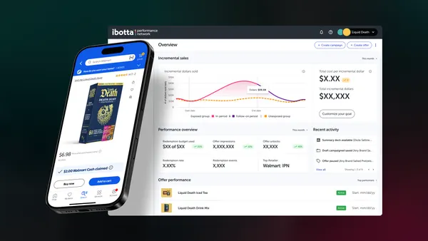 Liquid Death on mobile and the Ibotta dashboard