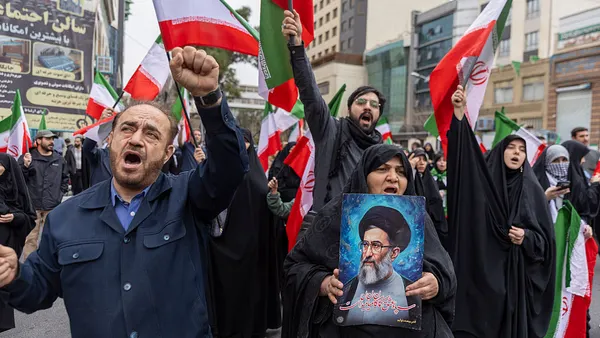Iranians protest against attacks on Iran by Israel and the United States on February 28, 2026 in Tehran, Iran. Iran launched a wave of missiles at Israel and regional U.S. military sites in response to today's attacks, in which the U.S. and Israel struck a series of locations across the country.