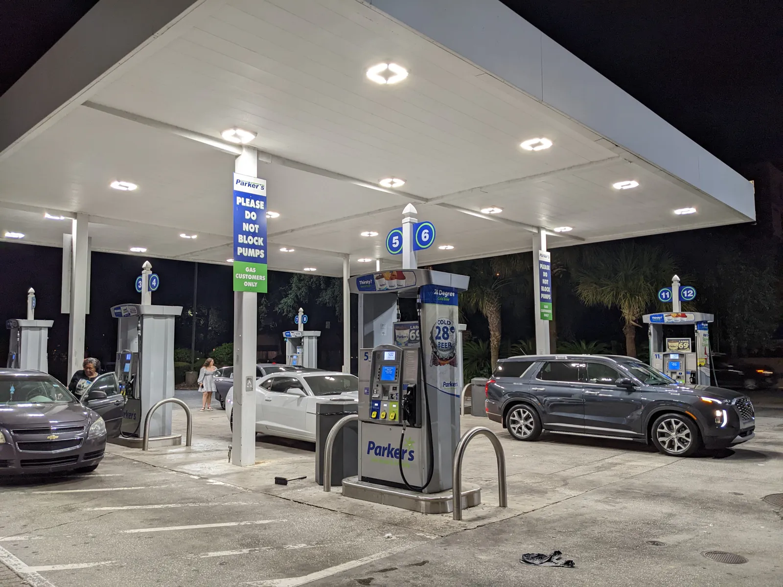 Parker's gas pumps at night in Savannah, Georgia