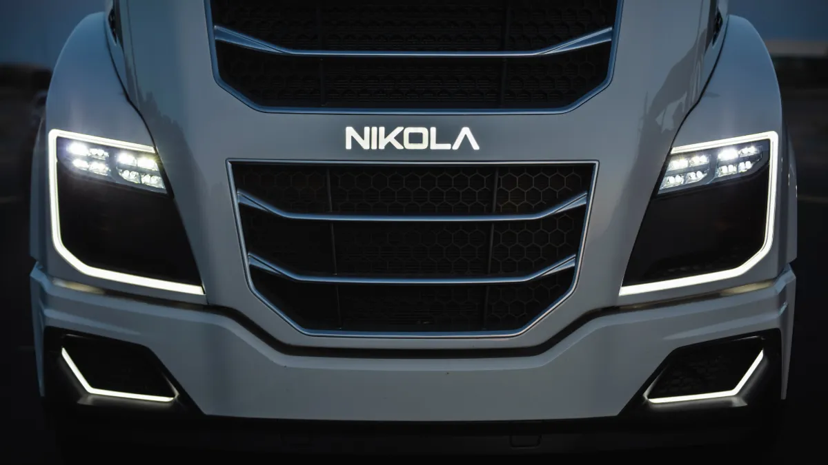 A Nikola truck close up on the logo