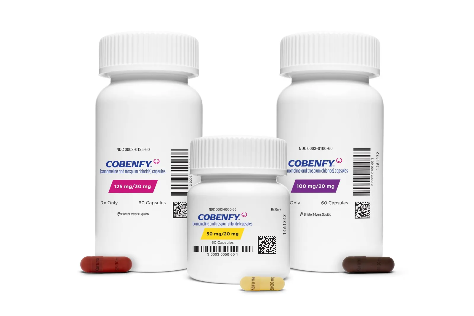 Bottles of Bristol Myers Squibb&#x27;s Cobenfy, a new drug for schizophrenia, are arranged in this photo illustration.