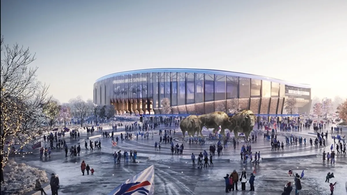 A rendering of pedestrians approaching a large glass stadium structure.