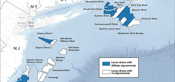 Offshore wind available lease areas awarded by the Bureau of Ocean Energy Management