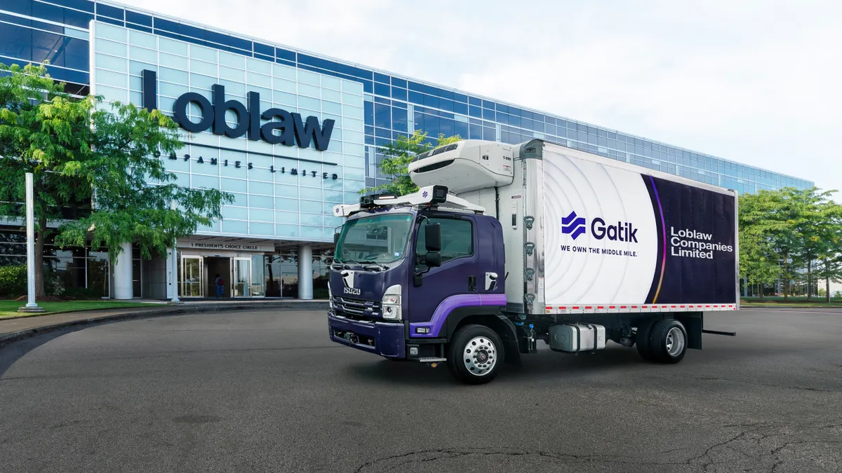 A Gatik autonomous truck parked outside Loblaws' headquarters.