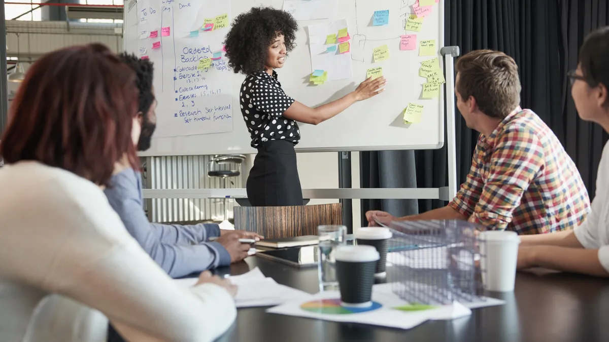 A woman presents her business plan in front of colleagues