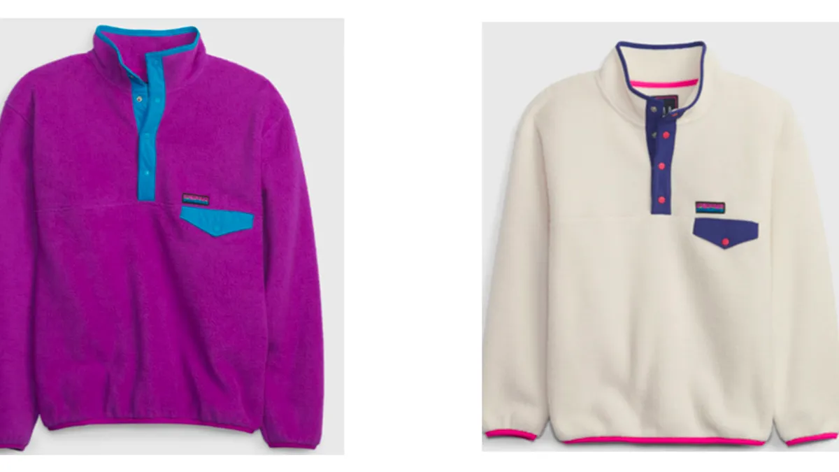 A magenta pullover with teal trim on the left, compared to a white fleece pullover with bright pink and blue trim.