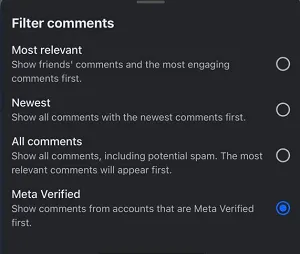 Meta Verified comment filter