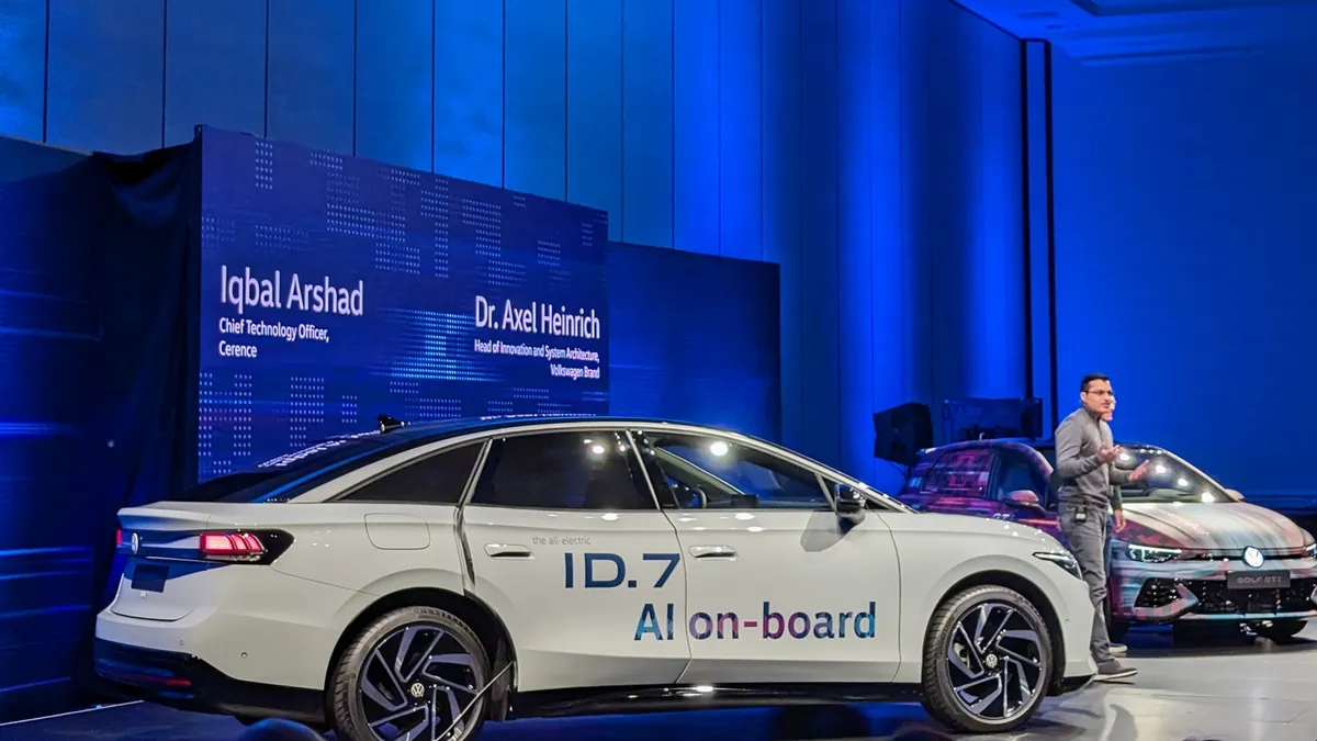 The Volkswagen ID.7 electric sedan on display at a press event at CES.