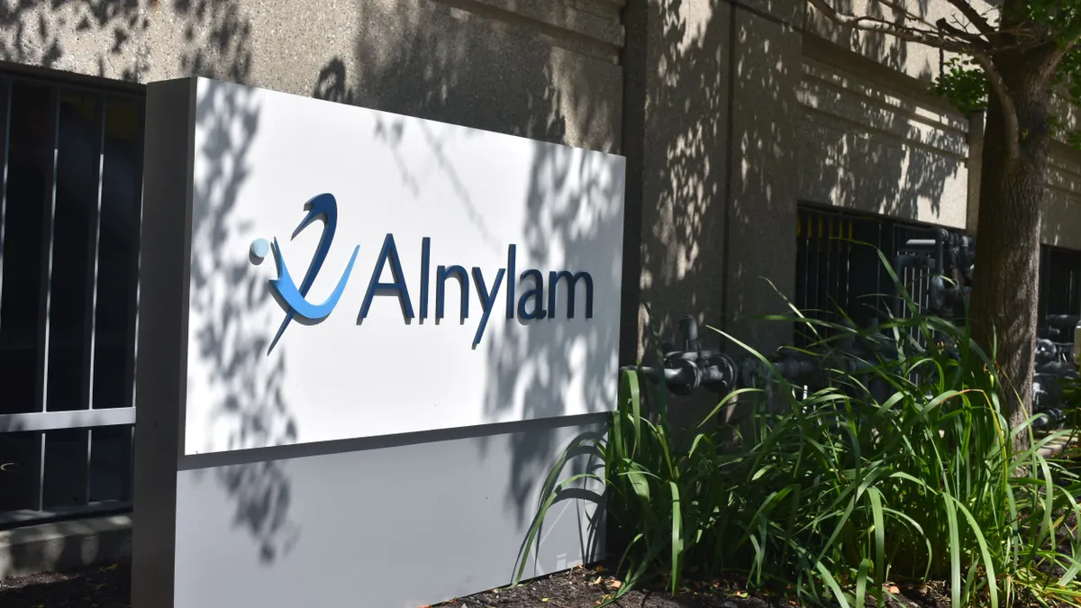 An Alnylam logo is displayed on a building in Cambridge, Massachusetts, on Sept. 5, 2024.