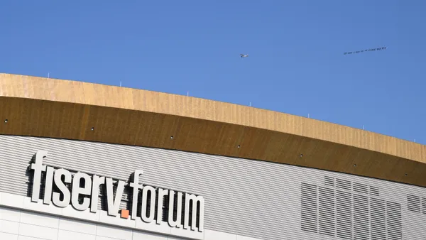 The exterior of the Fiserv Forum.