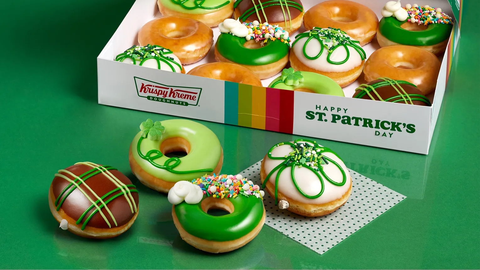 A box of St. Patrick&#x27;s Day themed Krispy Kreme doughnuts.