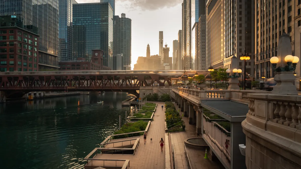 A picture of the river in downtown Chicago.