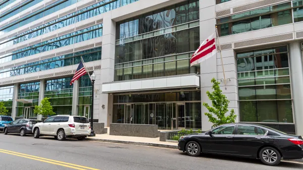 Facade of the federal FCC building in Washington, D.C.