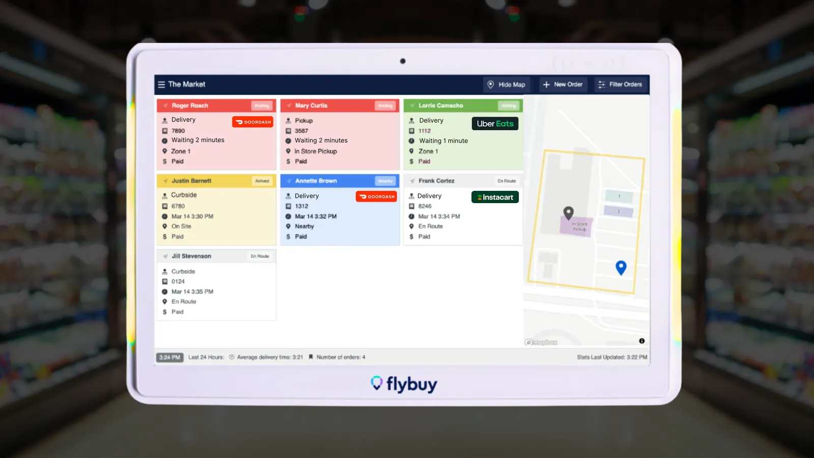 Screenshot of Flybuy&#x27;s Dashboard showing order type, order number, waiting time, zone and pay status for each order in different colored boxes