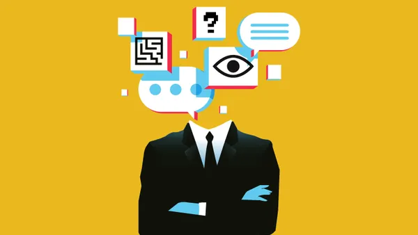 Man in suit with text bubbles and graphic elements.