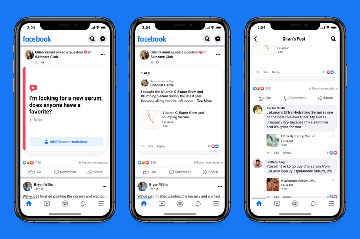 Facebook product recommendations in groups