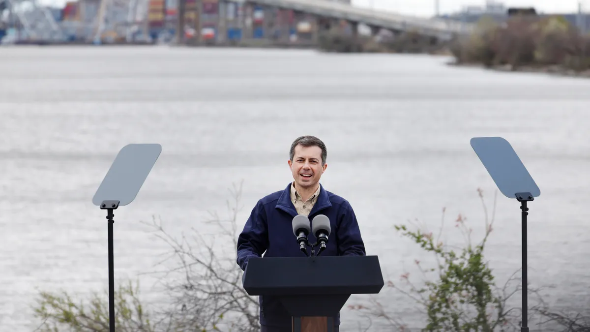 Transportation Secretary Pete Buttigieg speaks at an April 5 news conference near the site of the Francis Scott Key Bridge collapse in Baltimore.