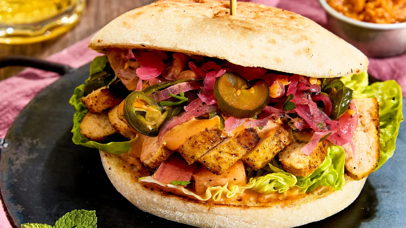 A shawarma made with Tindle's plant-based chicken.