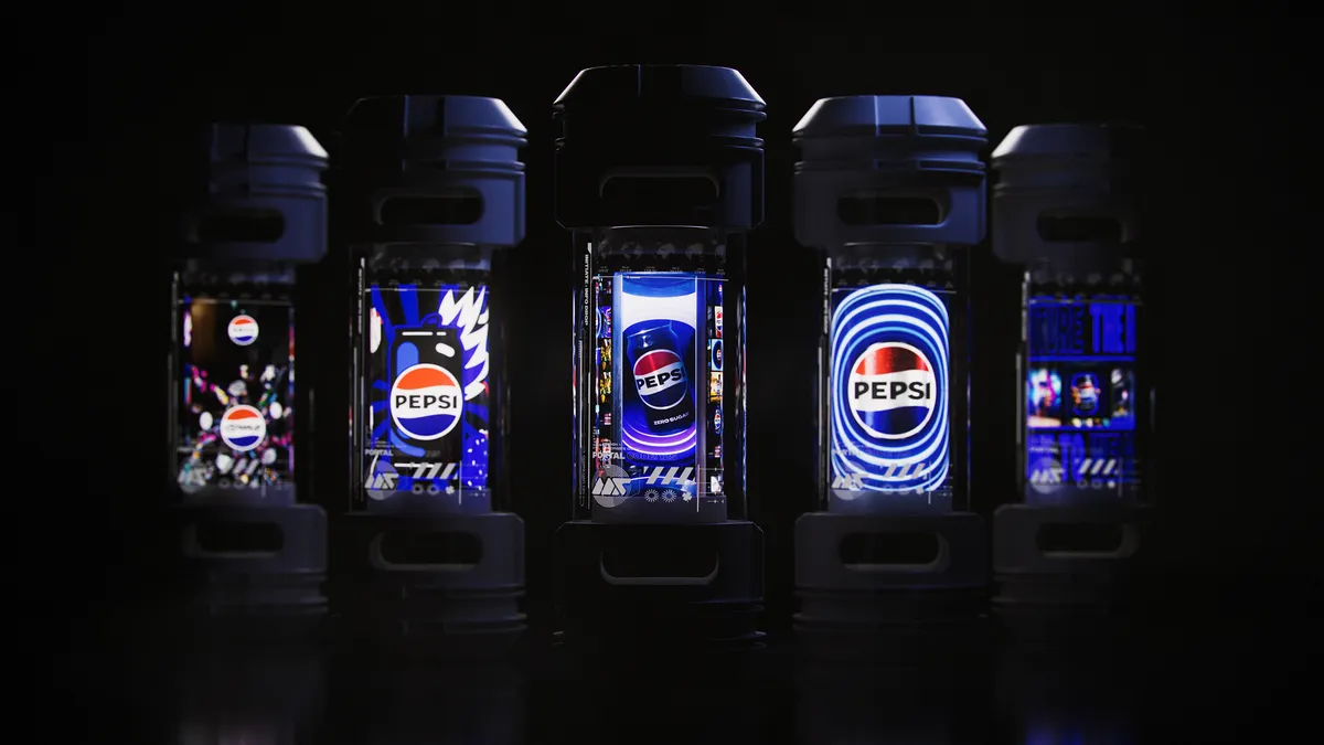 A row of Pepsi Smart Cans and clear containers.