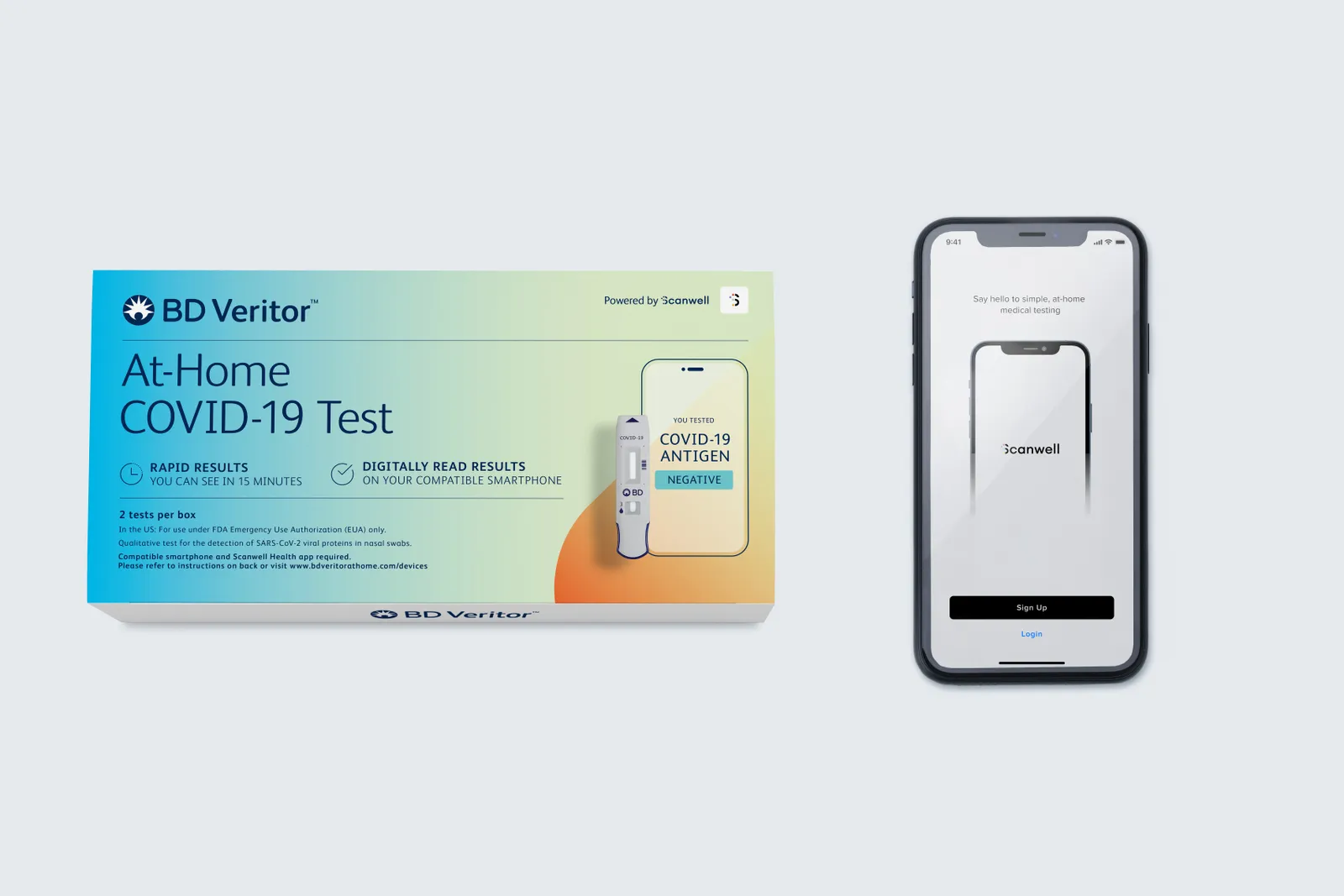 A box on the left says "At-home COVID-19 Test", and a phone on the right says "Scanwell"