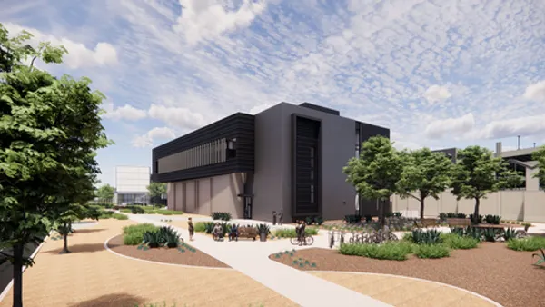 A rendering of a building on a gravel bed with some vegetation nearby on a sunny day.