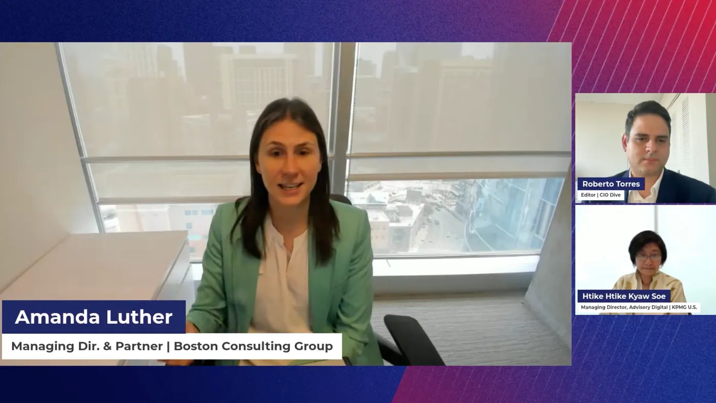 Three business professionals discuss generative ai adoption strategies during a live virtual event.