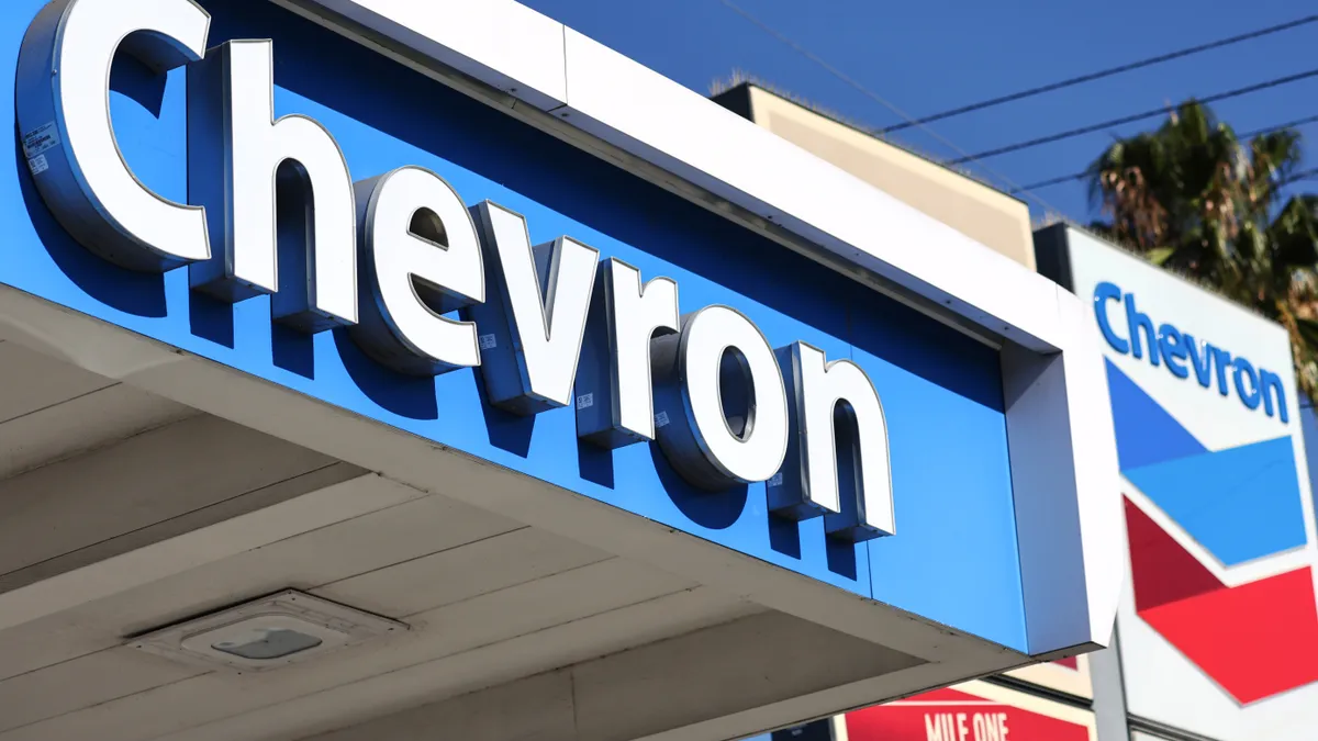 The Chevron logo is displayed at a Chevron gas station