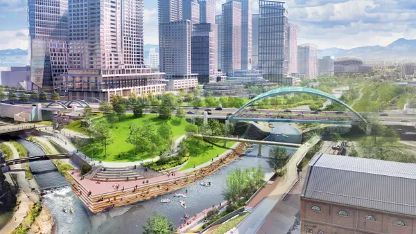 Rendering of river splitting off in two directions with greenery and beaches along its banks and buildings in the background.