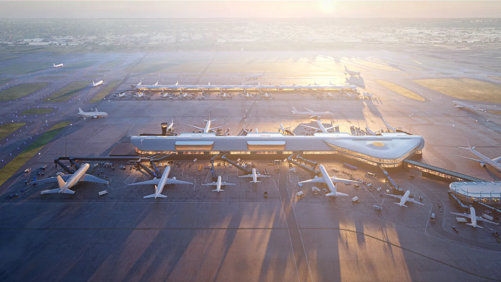 Aerial view of concourses D and E at Chicago O&#x27;Hare airport.