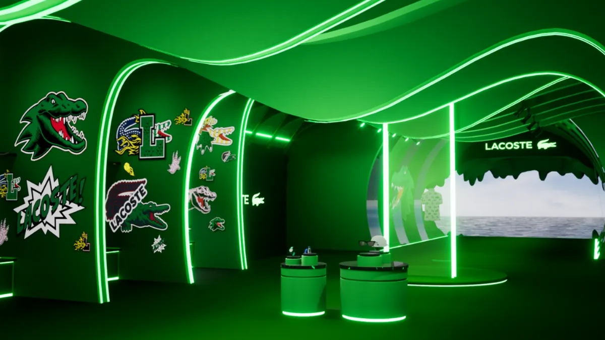 A green, virtual storefront with Lacoste crocodile decorations and virtual products.