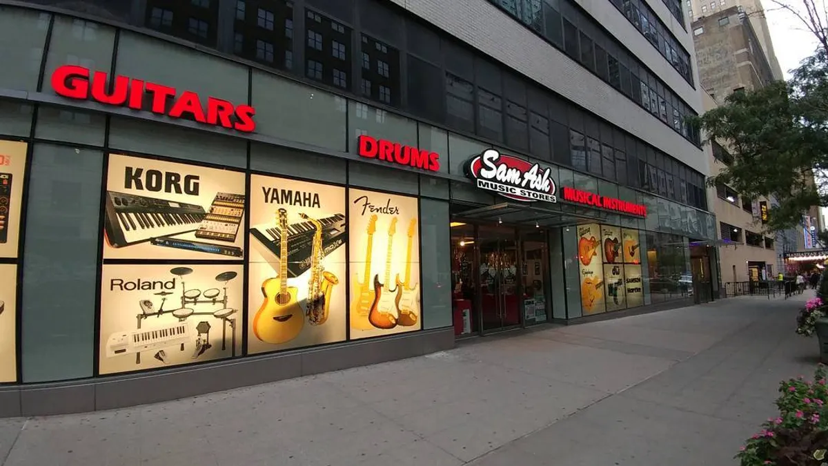 The storefront of Sam Ash Music in Manhattan in New York City