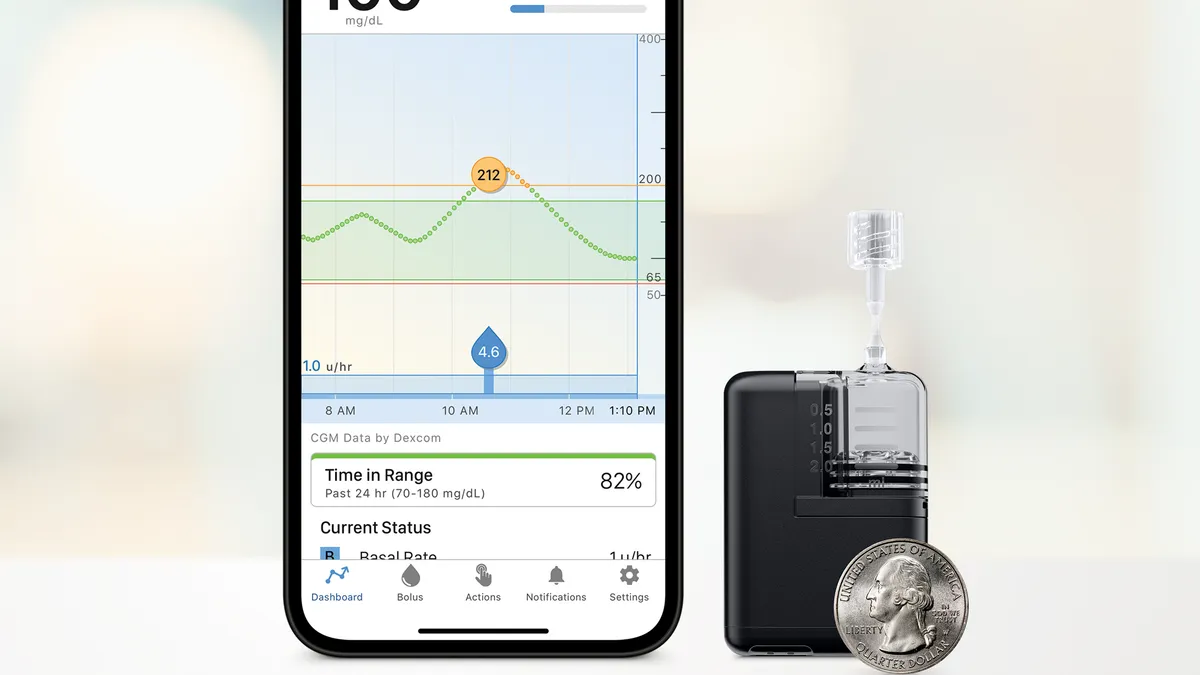 A smartphone on the left shows time in range, and a small, square device on the right is compared to a quarter in size.