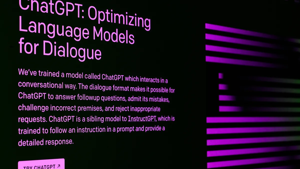 OpenAI's homepage, explaining ChatGPT, in pink font on a black screen.