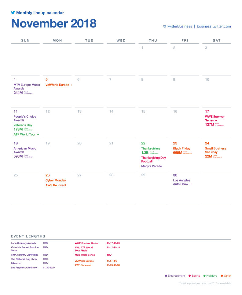 Twitter major events calendar - November 2018