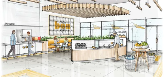 Sketched rendering of new Au Bon Pain model with drinks along righthand wall next to indoor seating, as well as a soup station